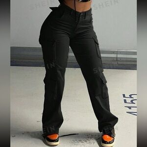 black Solid Flap Pocket Cargo Jeans